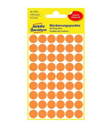 Kulaté etikety Avery, neon oranžové, d12 mm,270ks