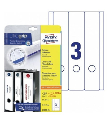 Etikety na pořadače Avery Zweckform - bílé, 61 x 297 mm, 90 ks