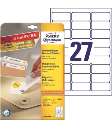 Snímatelné etikety, bílé, 63,5 x 29,6 mm, 810 ks