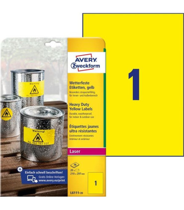 Polyest. odolné etikety Avery, žl., 210 x 297 mm