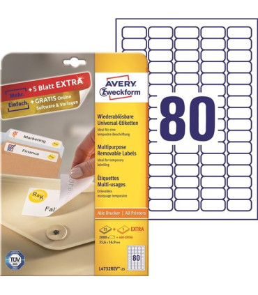 Snímatelné etikety, bílé, 35,6 x 16,9 mm, 2400 ks