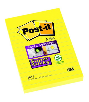 Samolepící bloček Post-it Super Sticky - 102 x 152 mm, linkovaný, ultražlutý, 75 lístků