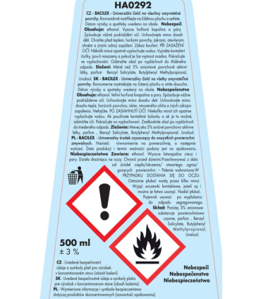 Čisticí prostředek na hladké povrchy s vysokým obsahem alkoholu 70 %, BACILEX