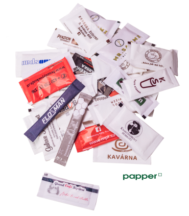 Hygienicky balený cukr s vlastním potiskem, velký polštářek C, 4g, výroba