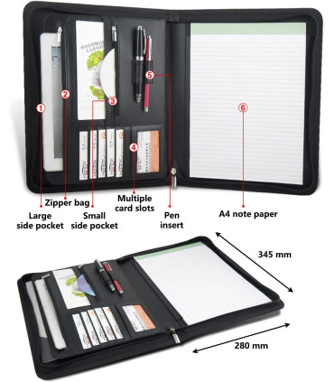 Obchodní kožené konferenční desky se zipem A4 a blokem