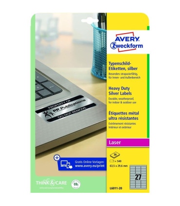 Velmi odolné etikety stříbrné, 63,5x29,6 mm, 540ks