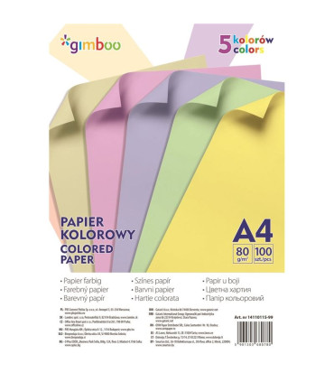 Barevné papíry Gimboo A4 - složka 100 listů, 5 pastelových barev