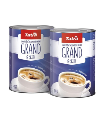 Zahuštěné mléko Tatra Grand - neslazené, 9%, plech, 2x 410g