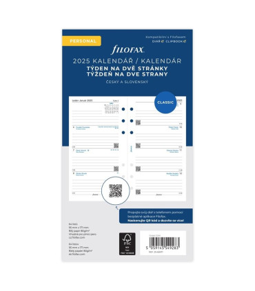 Náhradní náplň diáře Filofax - A6, týden na 2 strany, rok 2025