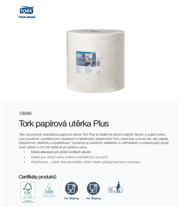 Průmyslové papírové utěrky Tork - W1, 2vrstvé, bílé (130040)