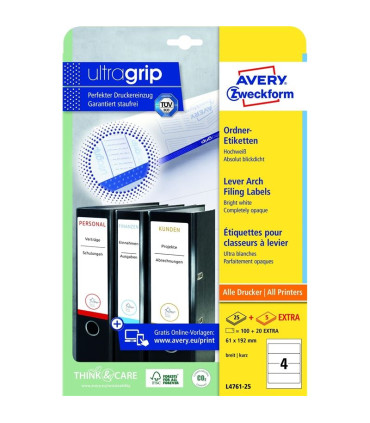 Etikety na pořadače Avery Zweckform - bílé, 192 x 61 mm, 120 ks