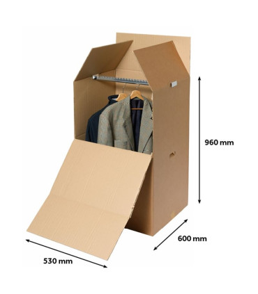 Klopová krabice stěhovací - šatní, tyč na ramínka, vyseknuté otvory pro ruce - 615 x 545 x 990 mm