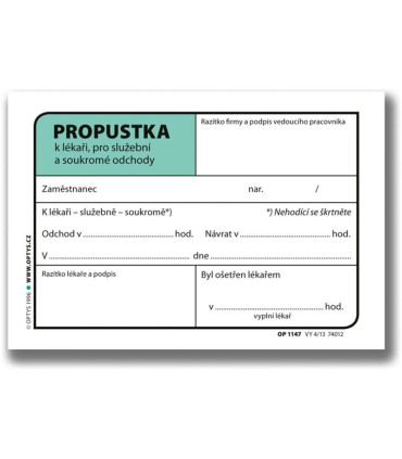 Propustka Optys A7, 100 listů, č.1147