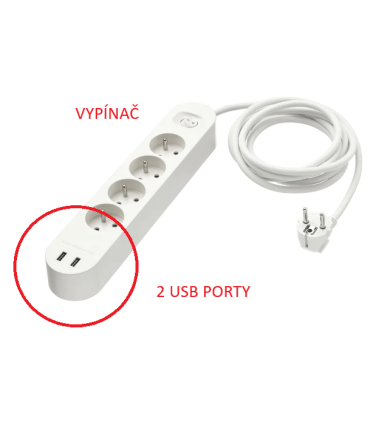 Prodlužovací kabel, 4 zásuvku, 2 USB porty, bílá 3.0 m