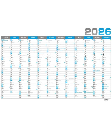 Nástěnný roční modrý kalendář 2026, bezobrázková