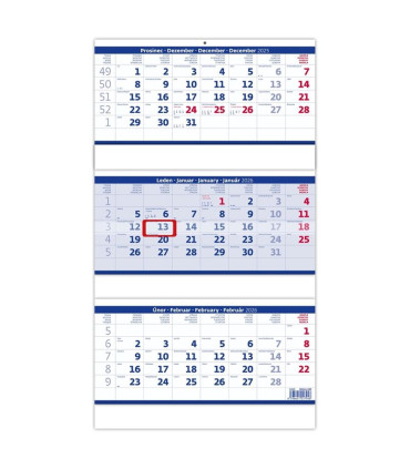 Tříměsíční skládaný kalendář 2026 - modrý