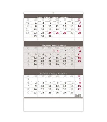 Tříměsíční nástěnný kalendář 2026 - šedý