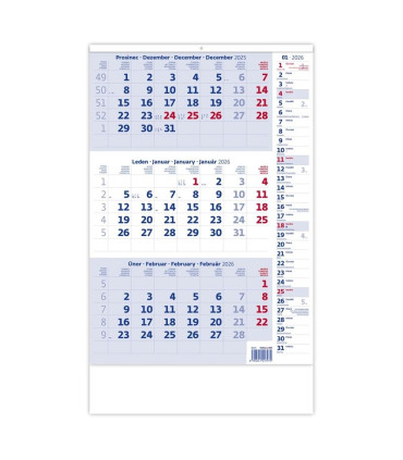 Tříměsíční kalendář 2026 - poznámkový, modrý