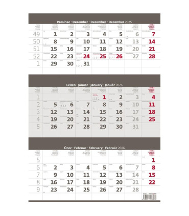 Tříměsíční nástěnný kalendář 2026 - šedý