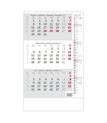 Tříměsíční kalendář 2026 - poznámkový, šedý