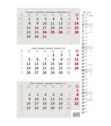 Tříměsíční kalendář 2026 - poznámkový, šedý